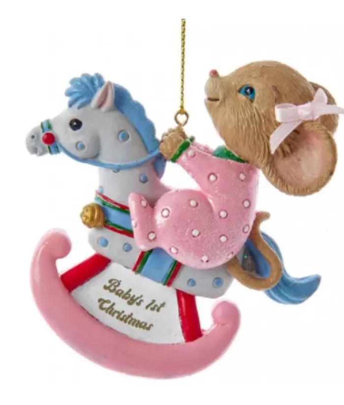 Clearance Baby'S 1St Christmas'' Mouse On Pink Rocking Horse Ornament First Christmas
