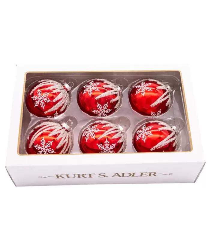 Cheap Box Of 6 Red Glass Jewelled Glass Balls, Snowflake Design 80Mm Snowflakes & Stars
