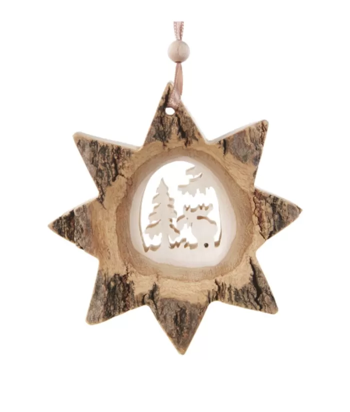 Boutique de Noël Rustic*German Wood, Ornament, 8 Pointed Star Shape With Moose