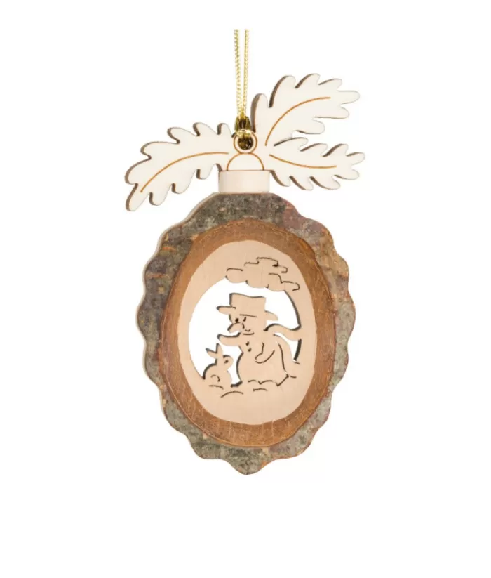 Boutique de Noël Rustic*German Wooden Ornament, Acorn Shape With Oak Leaves, Snowman With Rabbit Engraving, 9Cm