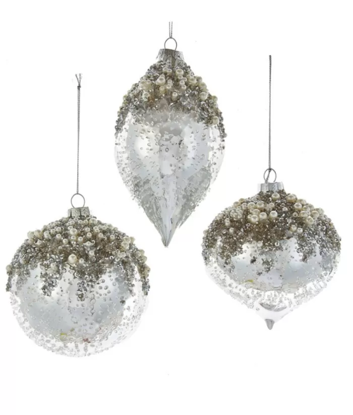 Boutique de Noël Winter Wonderland*Glass Ball Ornament, Silver And Ice Spangling, With Fake Pearls
