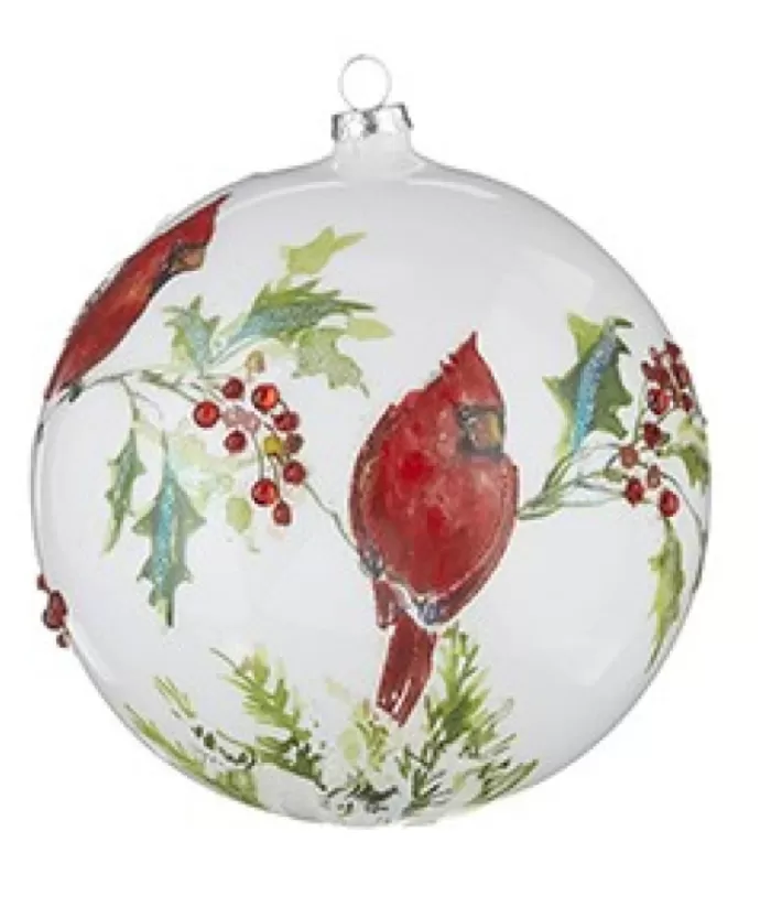 Boutique de Noël Miscellaneous*Glass Ball Ornament, With Cardinals On Holly Branch, 6"