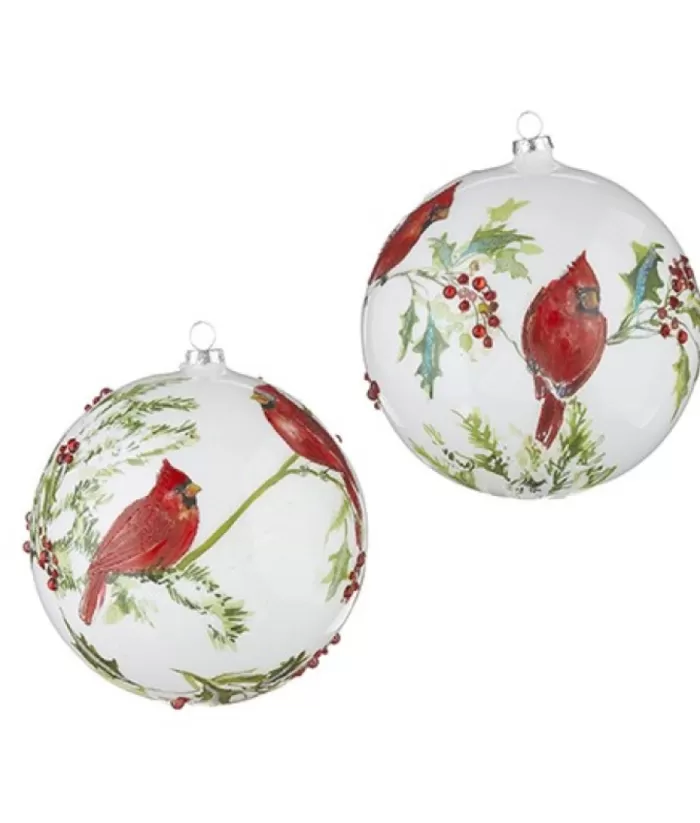 Boutique de Noël Miscellaneous*Glass Ball Ornament, With Cardinals On Holly Branch, 6"