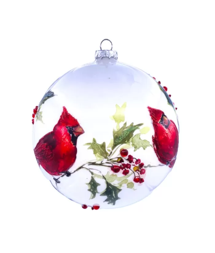 Boutique de Noël Miscellaneous*Glass Ball Ornament, With Cardinals On Holly Branch, 6"