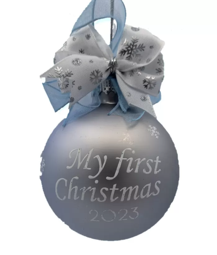 New Glass Ornament, Baby`S First Christmas, 2023, Blue With Ribbons. Family & Friends