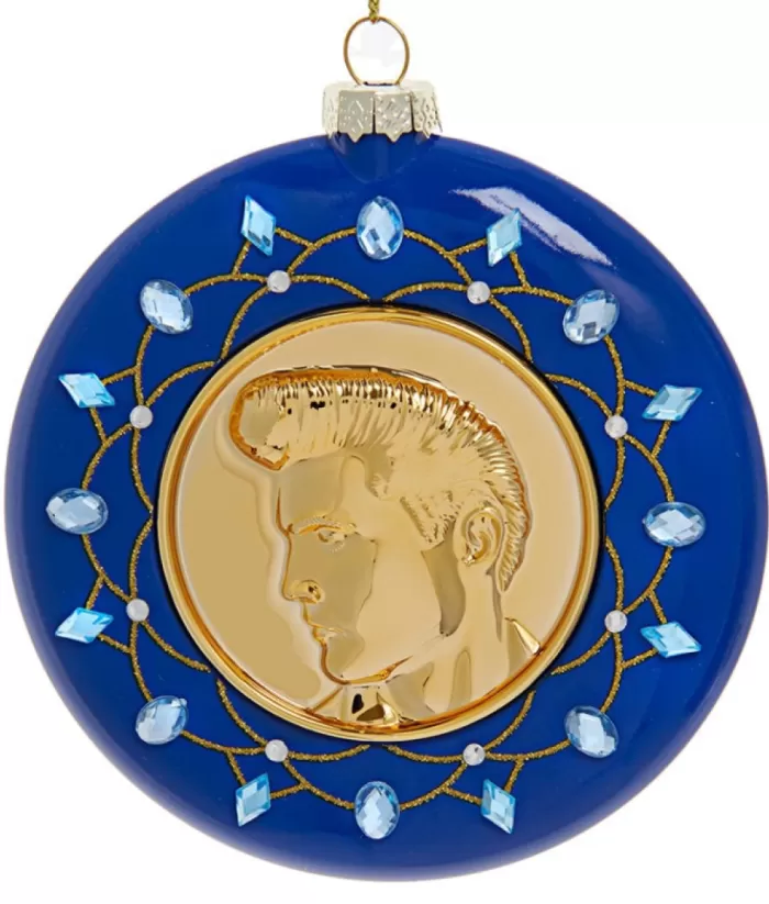 Boutique de Noël Music*Glass Ornament, Gold And Blue Disc With Elvis' Likeness