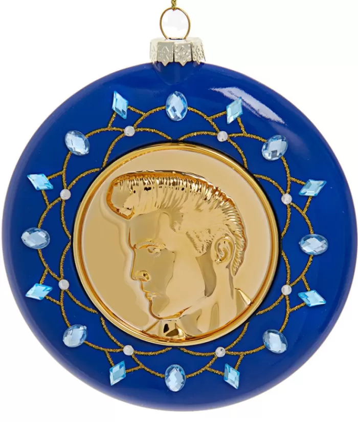 Flash Sale Glass Ornament, Gold And Blue Disc With Elvis' Likeness Miscellaneous