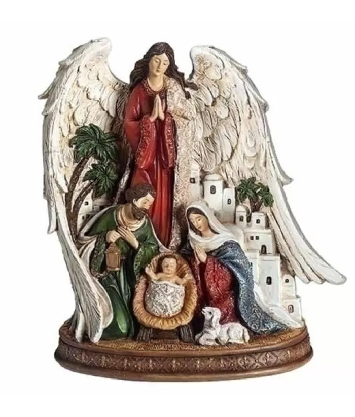 Boutique de Noël Religion & Nativities*Holy Family With Angel And Town Of Bethlehem Figurine, 9" Tall