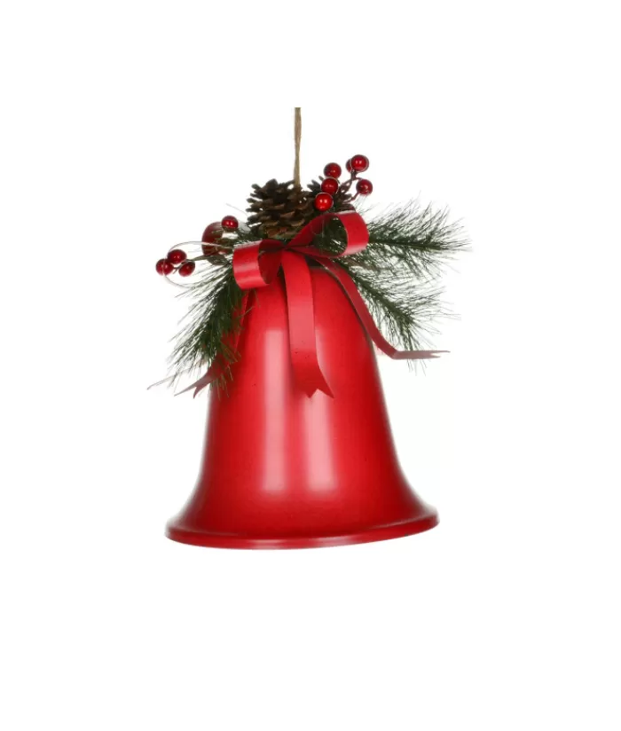 Clearance Home Decor, 10" Metal Bell With Sprig Of Berries And Pine Cone Bells