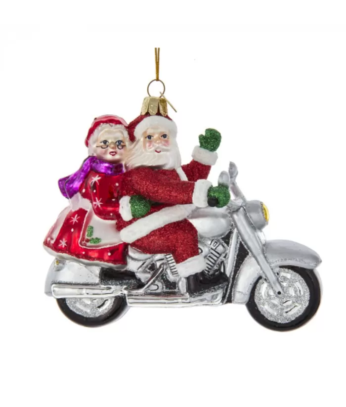 Boutique de Noël Family & Friends*Mr And Mrs Santa On Cruiser Motorcycle, Glass Ornament