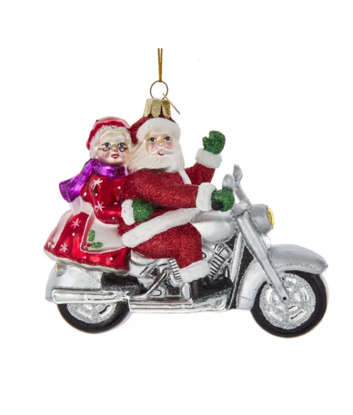Fashion Mr And Mrs Santa On Cruiser Motorcycle, Glass Ornament Angels & Santas