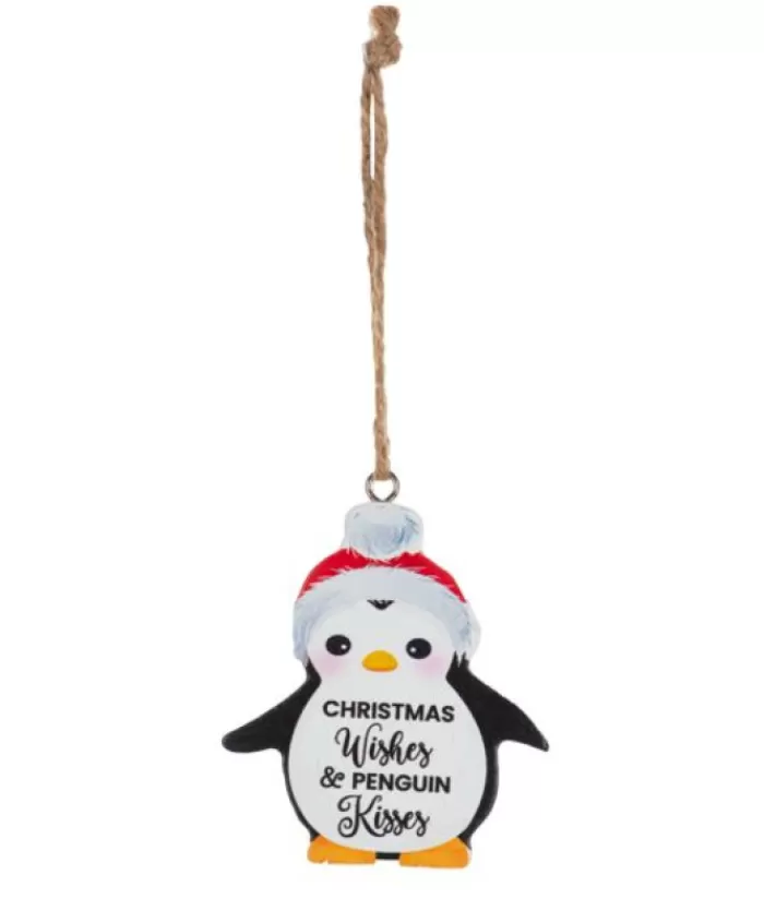 Store Ornament, Festive Penguin, With Message "Christmas Wishes And Penguin Kisses" Family & Friends