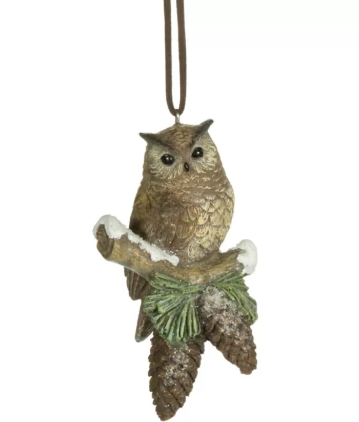 Boutique de Noël Rustic*Ornament, Forest Owl On Branch With Pine Cones
