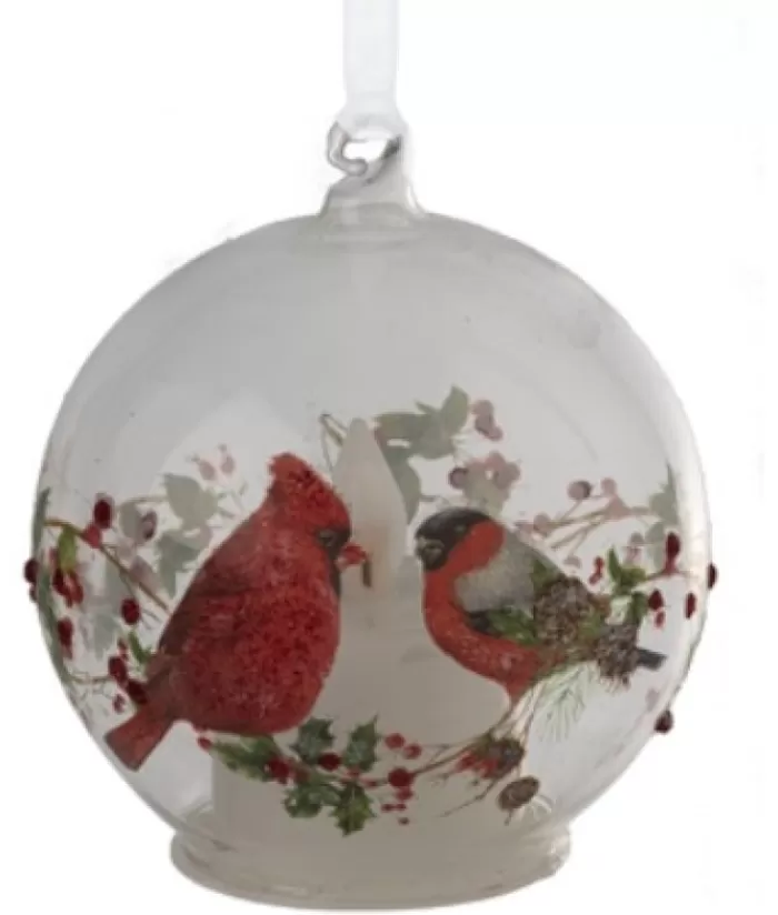 New Ornament, Glass Ball, Illuminated By Led, Cardinal On Holly Design Animals