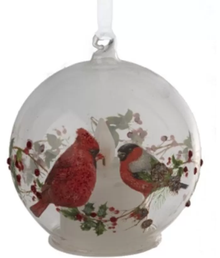 Boutique de Noël Usb & Led*Ornament, Glass Ball, Illuminated By Led, Cardinal On Holly Design
