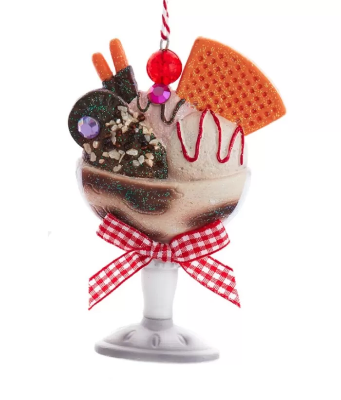 Boutique de Noël Mom'S Kitchen & Bakery*Ornament, Ice Cream Dessert Cup, With Red Plaid Ribbon