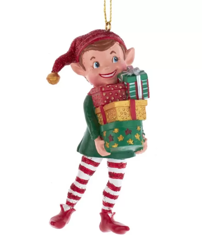 Boutique de Noël Santa'S Workshop*Ornament, "Red Hat", Elf With An Armful Of Gifts