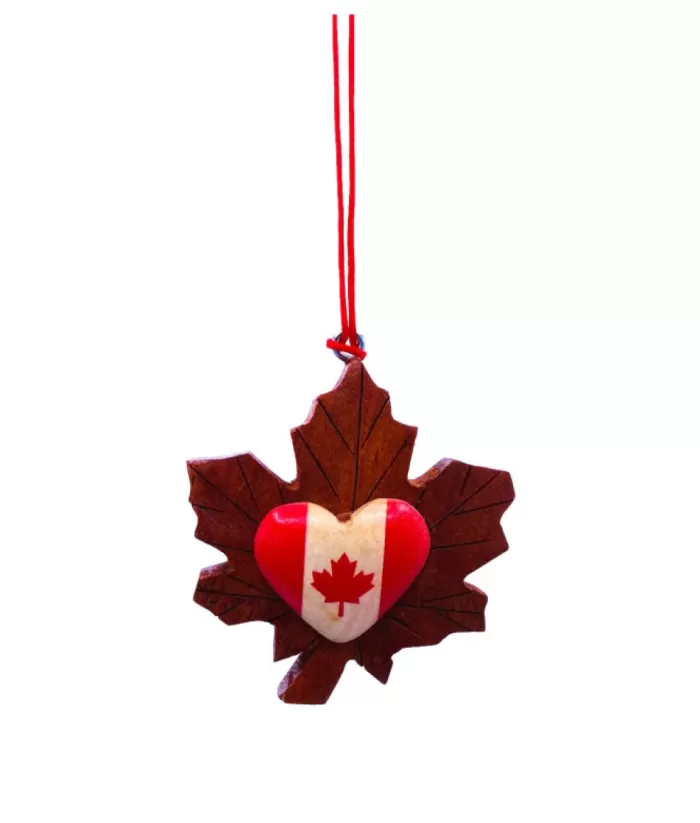 Boutique de Noël Rustic*Ornament, Wooden Maple Leaf With Heart Shaped Canada Flag