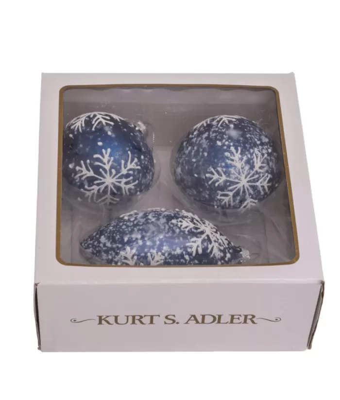 Boutique de Noël Glass Ball Boxes*Round, Onion And Filial Blue Glass Balls, With Snowflake Decoration, 80Mm, Box Of 3