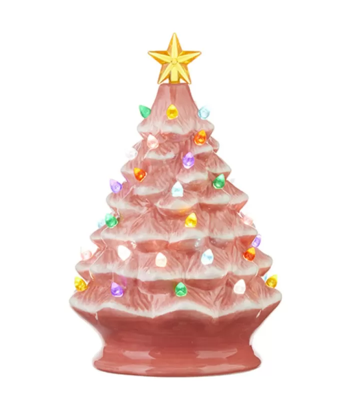 Boutique de Noël Ginger Bread & Candy Shoppe*Table Top Decoration, Illuminated (Led) Pink Ceramic Xmas Tree, Measures 8"