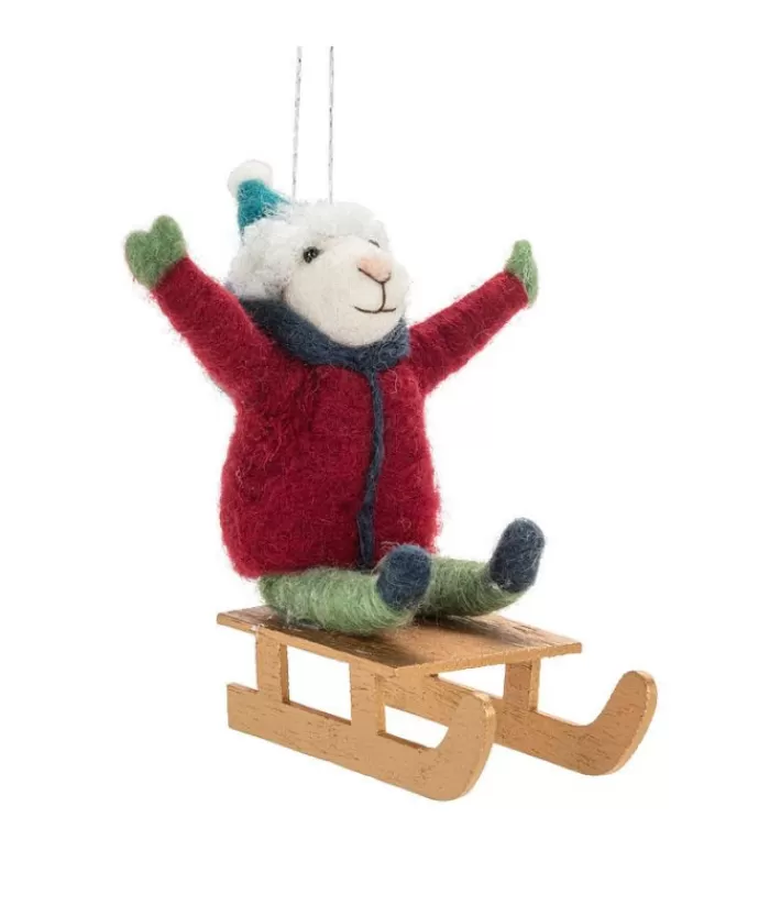 Fashion Xmas Tree Ornament, White Woolly Mouse On Winter Sled Animals