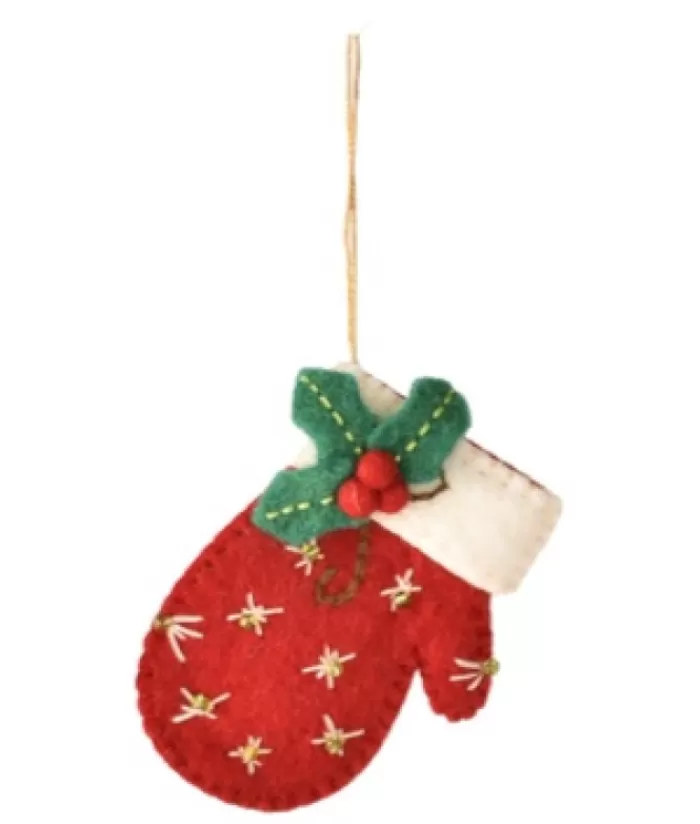 Cheap Xmas Tree Ornament, Woollen Mitten With A Sprig Of Woollen Holly Winter Pleasures